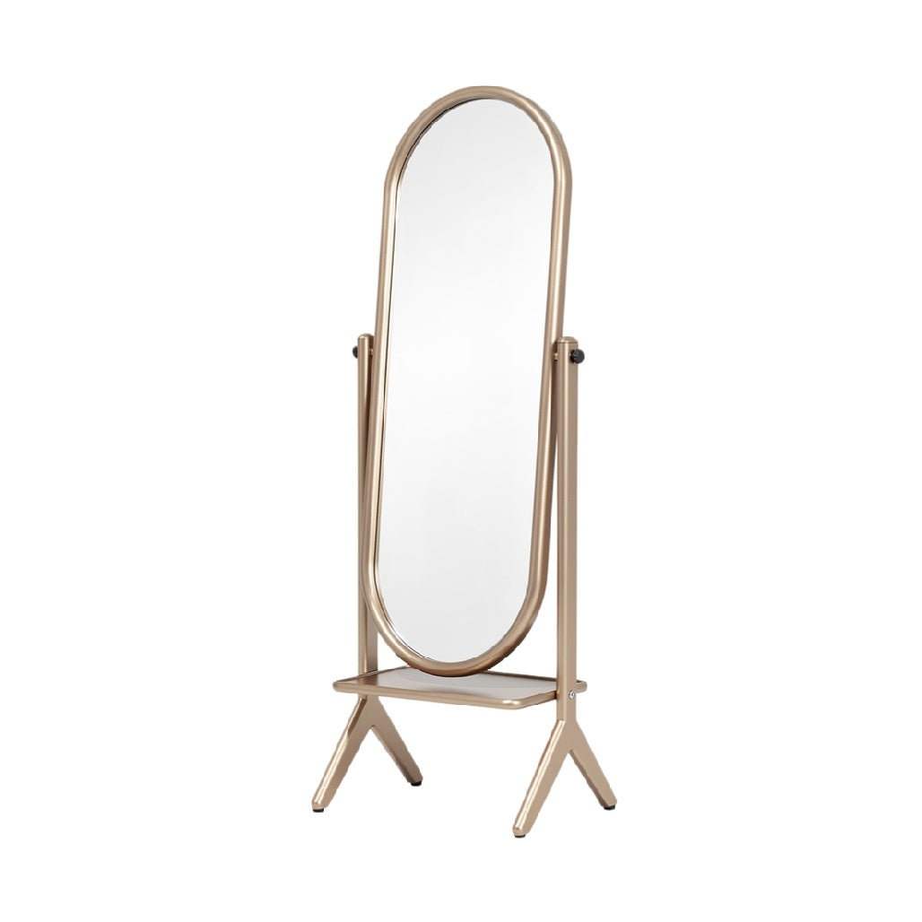 Elegant Full-Length Stand Mirror with Gold Frame and Base Shelf