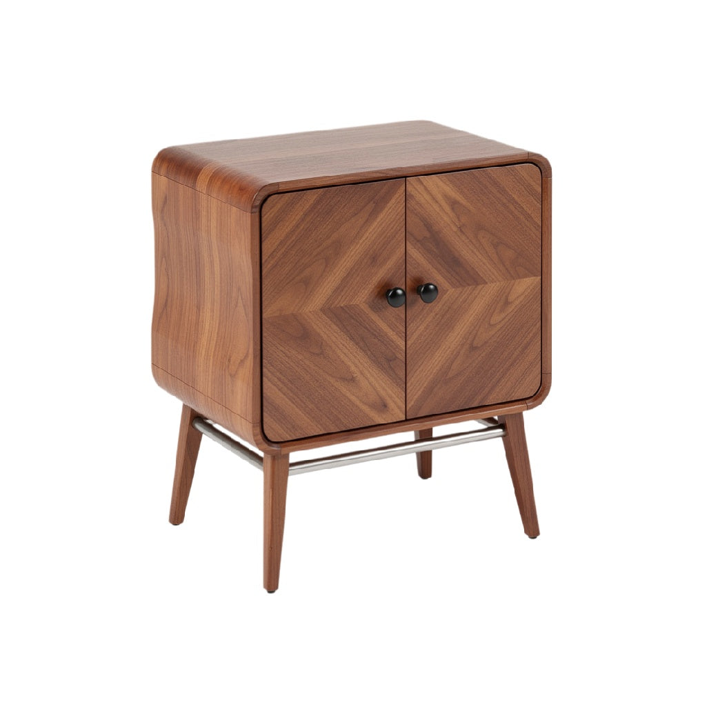 Mid-Century Modern Walnut Nightstand with Two Doors and Metal Legs