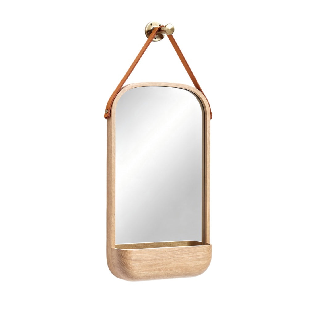 Modern Wooden Mirror with Leather Strap and Storage Shelf